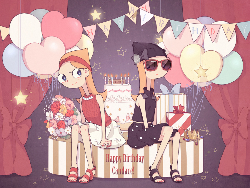 2girls arched_back birthday birthday_cake black_footwear black_shirt black_skirt blue_eyes bouquet cake candace_gertrude_flynn candace_gertrude_flynn_(2nd_dimension) candle closed_mouth curtains daisy dual_persona english eye_contact fire flower food hat hat_ribbon headband heart_balloon highres jewelry kingyo_(g-fish) long_hair looking_at_another multiple_girls necklace no_socks orange_hair pearl_necklace phineas_and_ferb purple_background red_footwear red_shirt ribbon rose sandals shirt skirt sleeveless smile star starry_background sunglasses table white_skirt