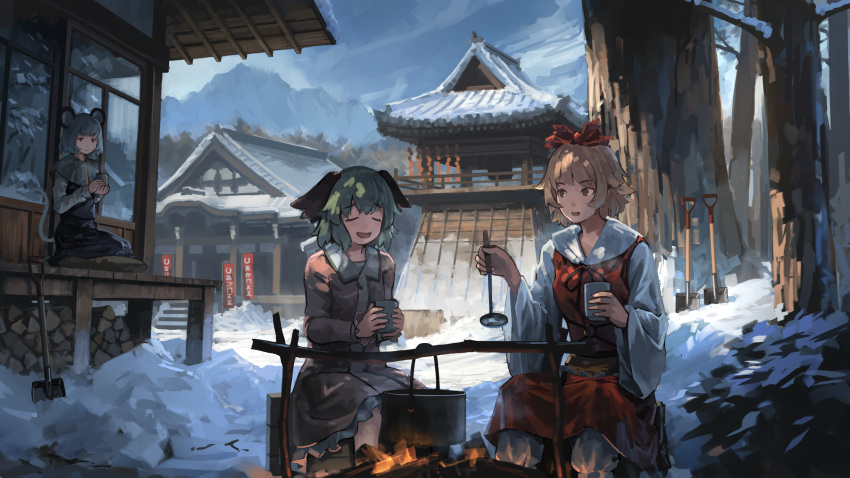 3girls animal_ears black_dress blonde_hair blue_sky brown_dress building capelet closed_eyes clouds cloudy_sky commentary_request cup dress eyebrows_visible_through_hair fire firewood forest green_hair grey_hair hair_ornament highres holding holding_cup kasodani_kyouko ladle long_sleeves looking_at_another mikado_(winters) mountain mouse_ears mouse_tail multiple_girls myouren_temple nature nazrin open_mouth outdoors petticoat pot red_dress red_eyes seiza short_hair shovel sitting sky smile snow tail toramaru_shou touhou tree wide_sleeves worktool yellow_eyes