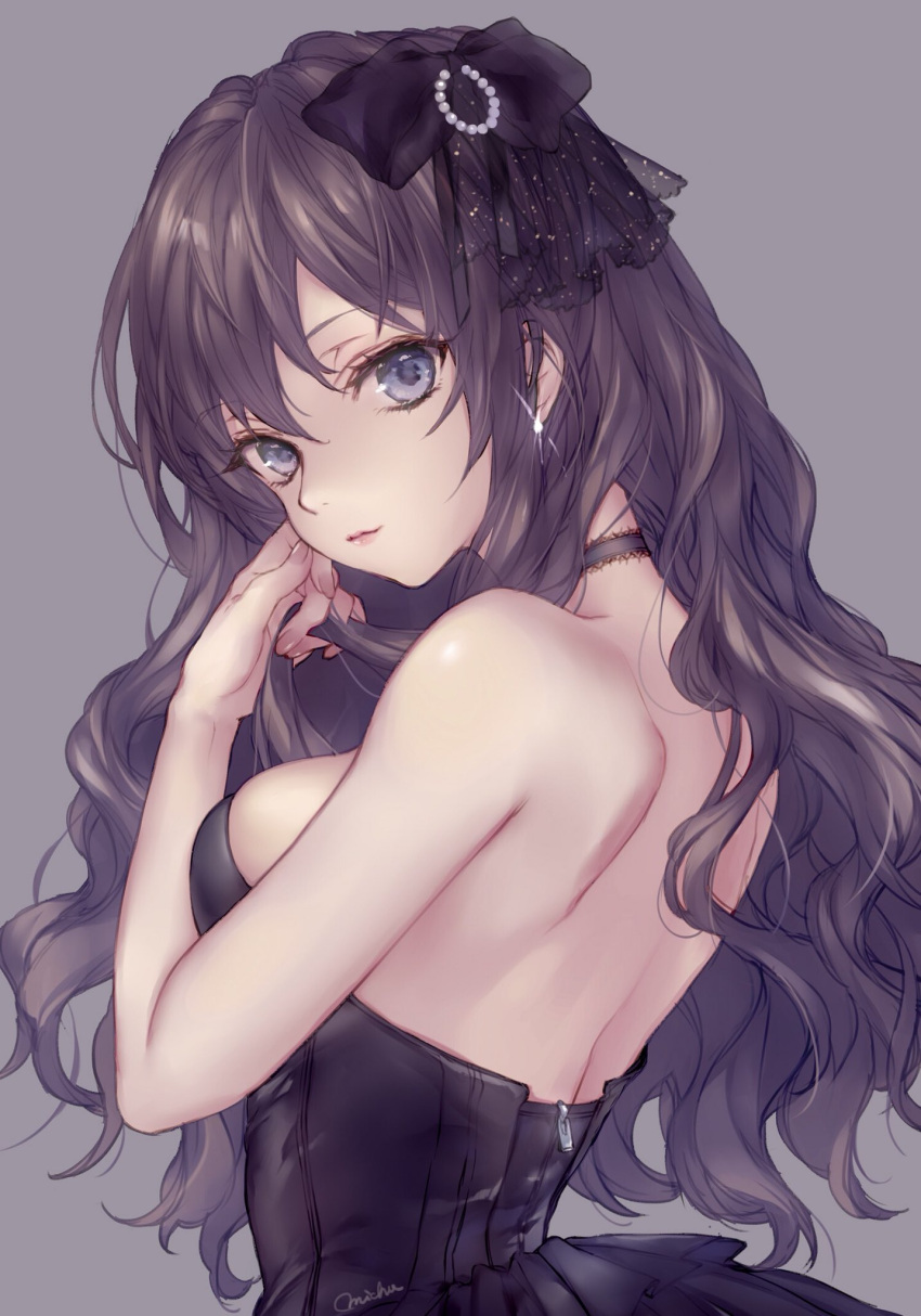 1girl bare_back black_dress blue_eyes bow breasts brown_hair collar dress earrings frilled_collar frills hair_bow highres ichinose_shiki idolmaster idolmaster_cinderella_girls jewelry long_hair looking_at_viewer looking_back michudx signature solo sparkle strapless strapless_dress wavy_hair