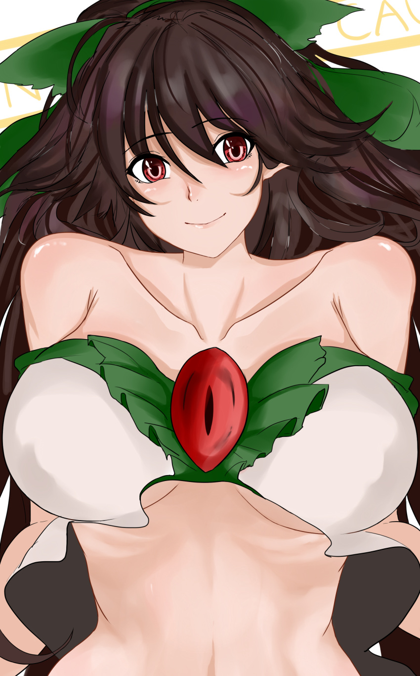 1girl absurdres adapted_costume arms_at_sides bare_shoulders bow breasts brown_hair caution closed_mouth collarbone crop_top eyebrows_visible_through_hair green_bow hair_between_eyes hair_bow head_tilt highres kuropan122 large_breasts long_hair looking_at_viewer no_wings red_eyes reiuji_utsuho ribs slit_pupils smile solo stomach strapless third_eye touhou under_boob upper_body very_long_hair