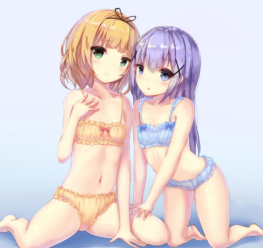 2girls arm_support bangs bare_arms bare_legs bare_shoulders barefoot blonde_hair blue_bra blue_eyes blue_panties blush bow bow_bra bra breasts closed_mouth collarbone commentary_request eyebrows_visible_through_hair gochuumon_wa_usagi_desu_ka? green_eyes hair_between_eyes hair_ornament highres kafuu_chino kirima_sharo kneeling long_hair looking_at_viewer missile228 multiple_girls navel panties parted_lips purple_hair short_hair sidelocks sitting small_breasts smile underwear underwear_only very_long_hair x_hair_ornament yellow_bra yellow_panties