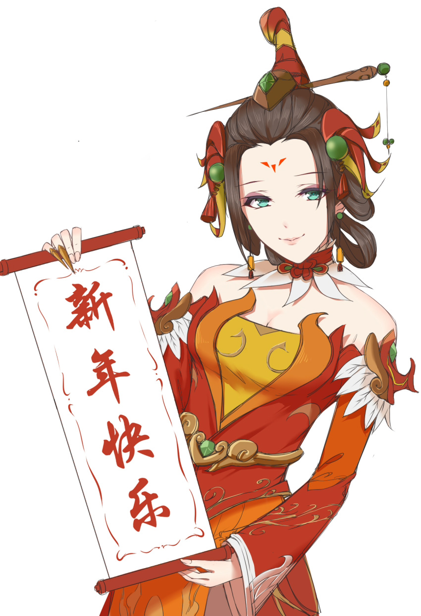1girl alternate_hair_color alternate_hairstyle aqua_eyes armor blurry blurry_background breasts brown_hair choker cleavage commentary_request dress earrings facial_mark forehead_mark hair_ornament hair_stick headdress highres holding_scroll jewelry light_smile long_sleeves looking_at_viewer medium_breasts mercy_(overwatch) no_wings overwatch qingchen_(694757286) red_dress scroll short_hair simple_background sketch solo translation_request upper_body white_background zhuque_mercy