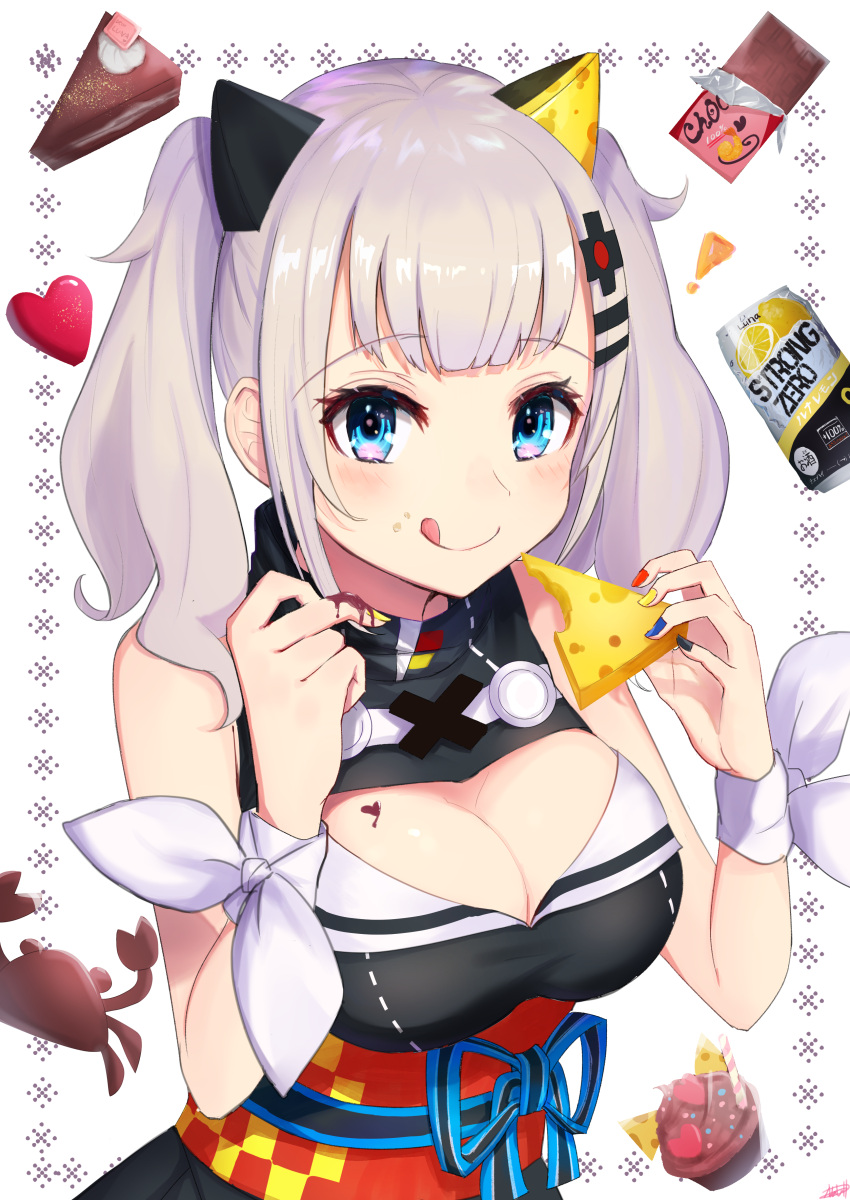 ! 1girl :q absurdres animal_ears bangs bare_shoulders black_dress blue_eyes blue_ribbon blunt_bangs blush breasts can cat_ears checkered chocolate_bar chocolate_on_breasts chocolate_on_fingers cleavage cleavage_cutout closed_mouth crab cupcake dress eating eyebrows_visible_through_hair fake_animal_ears fingernails food food_on_face heart highres holding holding_food kaguya_luna kaguya_luna_(character) long_fingernails long_hair looking_at_viewer medium_breasts multicolored multicolored_nail_polish nail_polish obi omelet_tomato ribbon sash shiny shiny_hair sidelocks sleeveless sleeveless_dress smile soda_can solo tareme tongue tongue_out twintails upper_body white_background