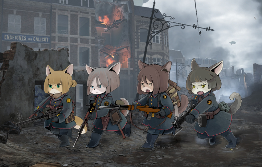 4girls animal_ears bayonet black_hair blonde_hair blue_eyes brown_hair charging_(attack) chibi dog_ears dog_girl furry green_eyes gun hair_bun holding holding_gun holding_weapon kiyopon machine_gun military military_uniform multiple_girls original rifle scope short_hair tail uniform weapon yellow_eyes