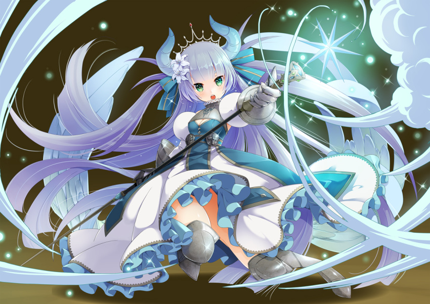 1girl :o angel blue_dress boots bow breasts brown_background cleavage crown dress flower gauntlets glint greaves green_eyes grey_legwear hair_bow hair_flower hair_ornament holding holding_staff horns long_hair original puffy_sleeves purple_hair sakura_(superbunnys) small_breasts staff two_side_up very_long_hair