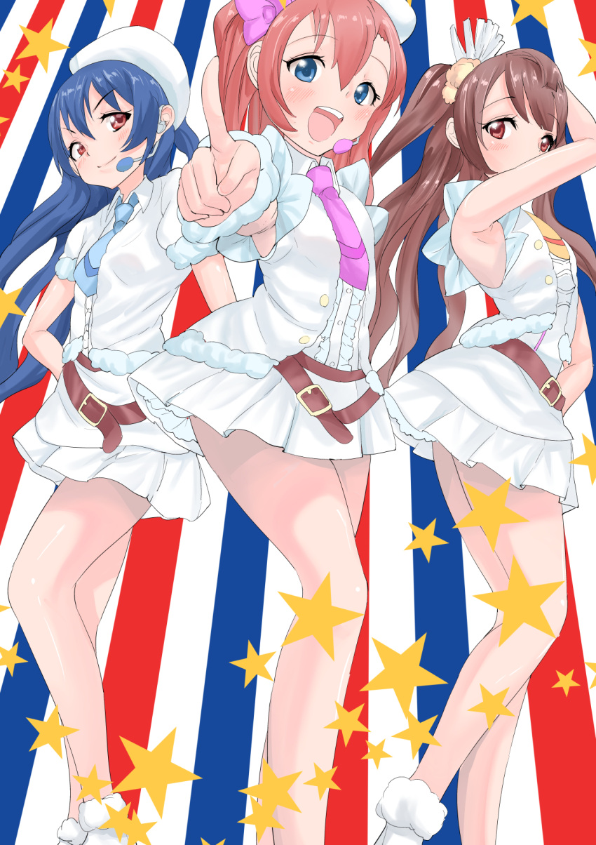 3girls arm_up armpits bangs belt blue_eyes blue_hair blush commentary_request eyebrows_visible_through_hair grey_hair hair_between_eyes hat highres kousaka_honoka long_hair looking_at_viewer love_live! love_live!_school_idol_project microphone minami_kotori multiple_girls necktie one_side_up open_mouth orange_hair pointing pointing_at_viewer refalice skirt smile sonoda_umi standing star striped striped_background yellow_eyes