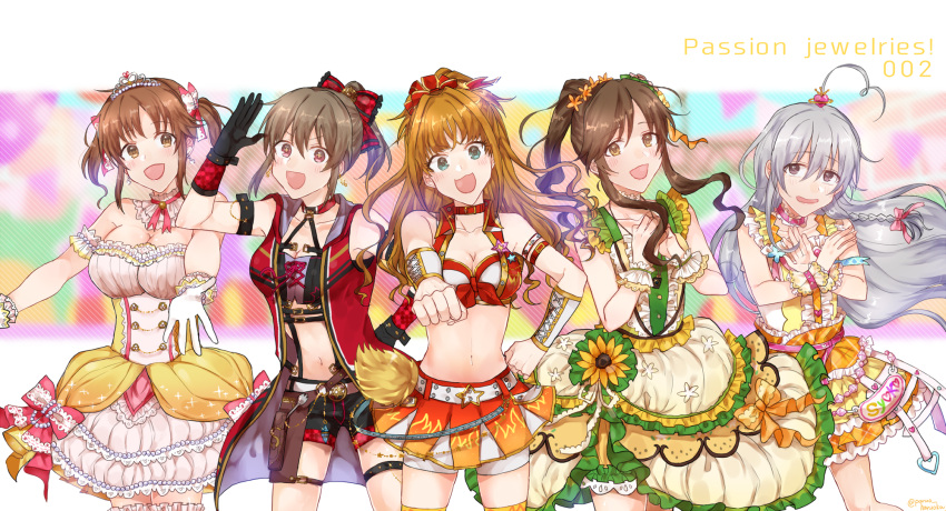 5girls :d ahoge armband bare_shoulders belt black_gloves blue_eyes blush bow bracer braid breasts brown_hair choker clenched_hand crossed_arms dress flower frilled_dress frills gloves hair_bow hair_ornament hand_on_hip hands_up heart_hair_ornament highres hino_akane_(idolmaster) hori_yuuko hoshi_shouko idolmaster idolmaster_cinderella_girls idolmaster_cinderella_girls_starlight_stage large_breasts long_hair looking_at_viewer medium_breasts midriff multiple_girls navel open_mouth orange_bow orange_dress orange_skirt outstretched_hand paruo_hruoka pink_bow pink_choker red_bow red_choker sidelocks silver_hair skirt small_breasts smile standing sunflower takamori_aiko thigh_strap tiara totoki_airi twintails twitter_username violet_eyes white_gloves wrist_cuffs