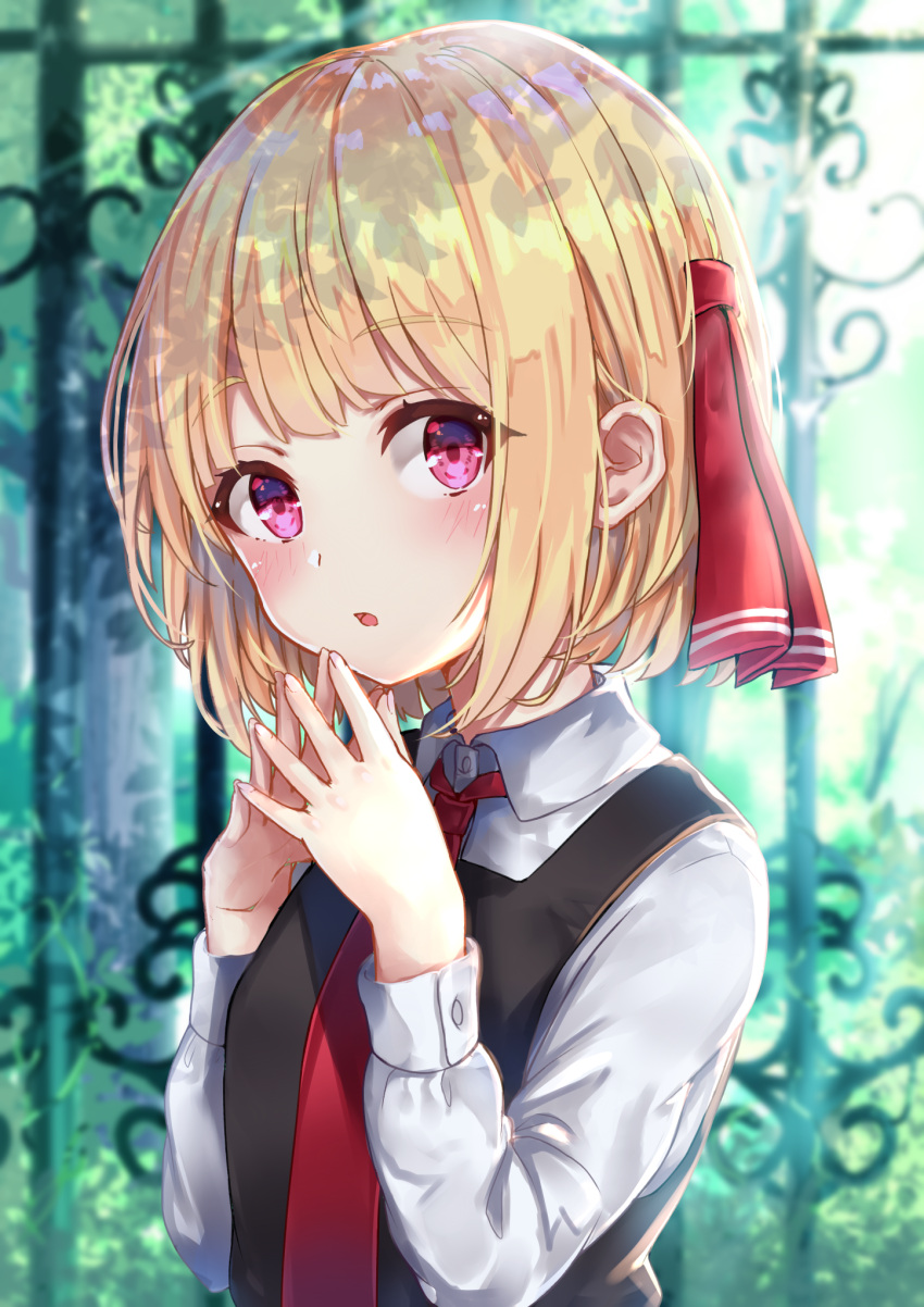 1girl black_dress blonde_hair commentary_request dress eyebrows_visible_through_hair hair_ribbon highres long_sleeves looking_at_viewer necktie outdoors own_hands_together plant red_eyes red_neckwear red_ribbon ribbon rumia shirt short_hair solo touhou tree upper_body white_shirt wowoguni