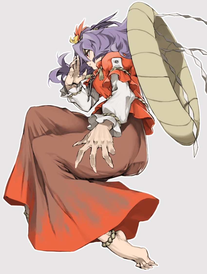 1girl ankleband ass autumn_leaves bangs barefoot breasts brown_skirt closed_mouth eyebrows facing_away fingernails from_side full_body hair_between_eyes highres long_fingernails long_skirt long_sleeves looking_away medium_breasts mirror outline puffy_long_sleeves puffy_sleeves purple_hair red_eyes red_shirt rope sharp_fingernails sharp_toenails shide shimenawa shirt short_hair silver_background simple_background skirt solo tassel toenails touhou v-shaped_eyebrows white_outline yasaka_kanako ysk!