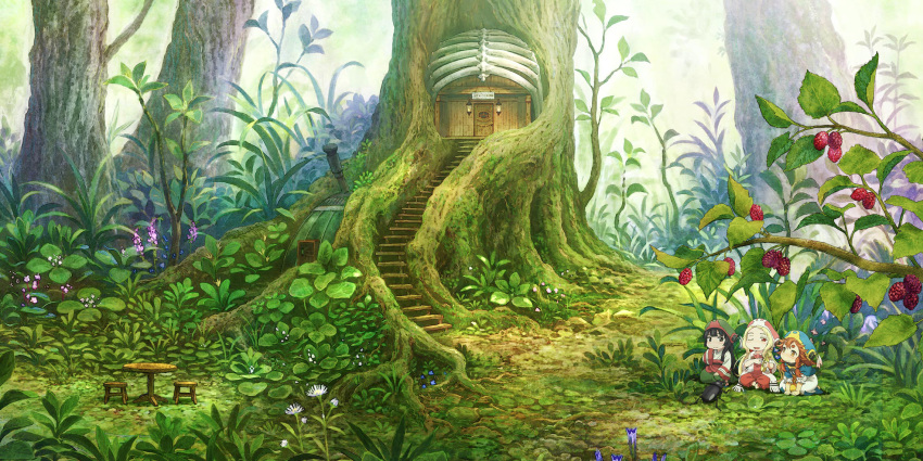 3girls black_hair blonde_hair braid brown_hair bug chair day dress flower food forest fruit green hakumei_(hakumei_to_mikochi) hakumei_to_mikochi hat highres house konju_(hakumei_to_mikochi) long_hair looking_at_another mikochi_(hakumei_to_mikochi) minigirl multiple_girls nature official_art open_mouth outdoors plant raspberry ribs scenery short_hair stairs standing table tree treehouse
