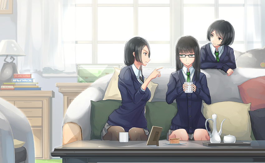 3girls black_hair black_legwear book brown_eyes closed_mouth cup glasses green_eyes indoors kikivi leaning_on_object long_hair looking_at_another multiple_girls necktie open_mouth original pantyhose pleated_skirt school_uniform short_hair sitting skirt window