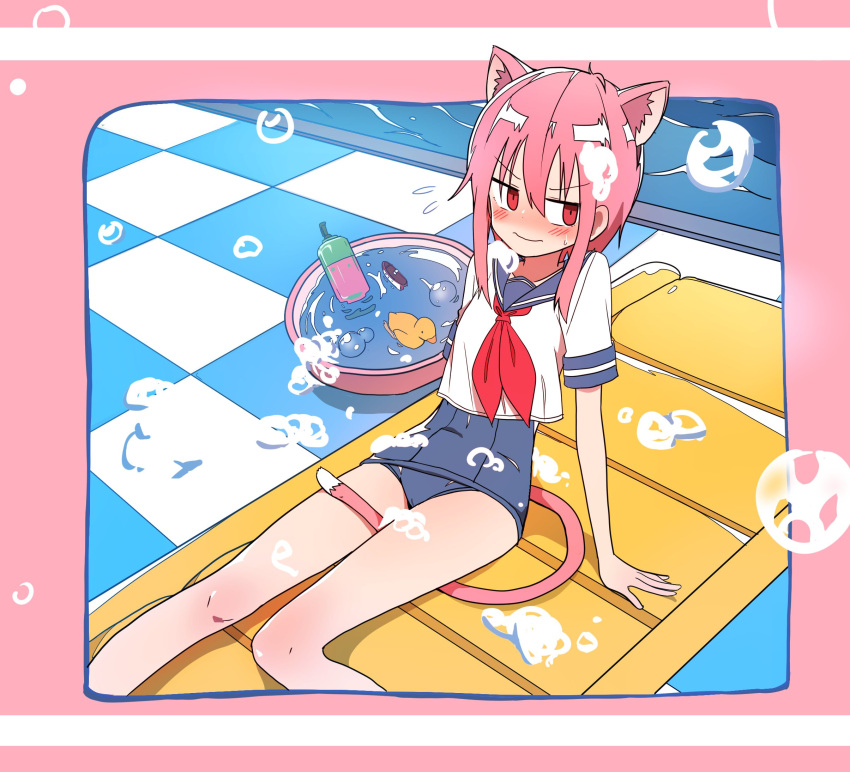 1girl animal_ears arm_support between_legs blush cat_ears cat_tail eyebrows_visible_through_hair highres inflatable_raft looking_to_the_side luke_(dydansgur) nose_blush original out_of_frame pink_hair red_eyes rubber_duck school_swimsuit school_uniform shampoo short_hair short_hair_with_long_locks sidelocks sitting soap_bubbles solo swimsuit swimsuit_under_clothes tail tail_between_legs washtub wavy_mouth