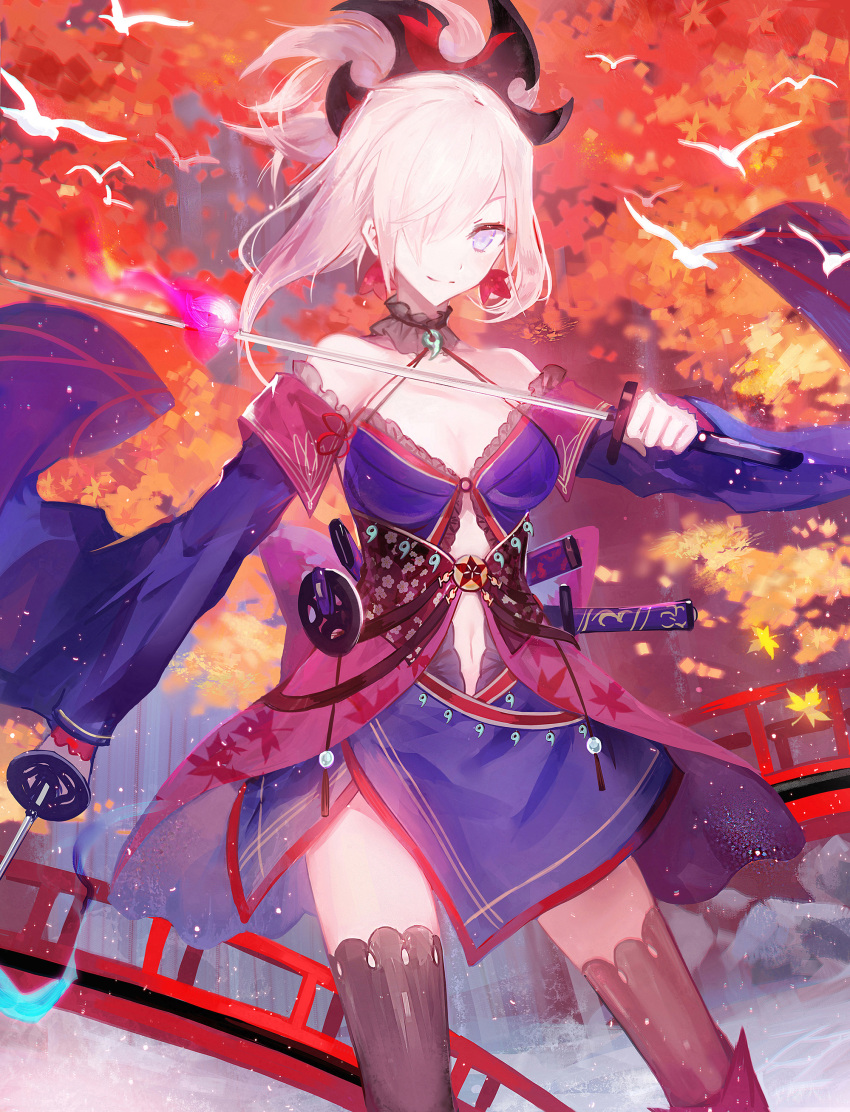 1girl absurdres bare_shoulders bird blue_eyes breasts cleavage contemporary detached_collar dual_wielding fate/grand_order fate_(series) hair_over_one_eye highres katana leaf long_hair medium_breasts miyamoto_musashi_(fate/grand_order) moemoe3345 navel navel_cutout smile solo sword thigh-highs thighs weapon white_hair wide_sleeves