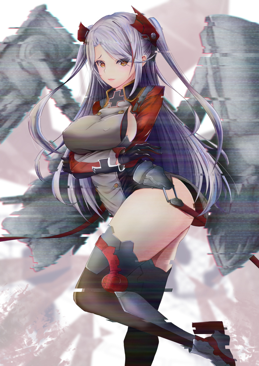 1girl absurdres azur_lane bangs black_gloves blush boots breasts eyebrows_visible_through_hair full_body gloves grey_hair highres hips large_breasts lips long_hair looking_at_viewer multicolored_hair parted_lips prinz_eugen_(azur_lane) sideboob sidelocks solo spekkio36 thigh-highs two-tone_hair two_side_up
