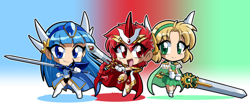 3girls 90s armor armored_dress blonde_hair blue_eyes blue_hair blue_hairband braid chibi gem green_eyes hairband highres hououji_fuu long_hair magic_knight_rayearth multiple_girls pauldrons red_eyes redhead robert_j_case ryuuzaki_umi shidou_hikaru short_hair