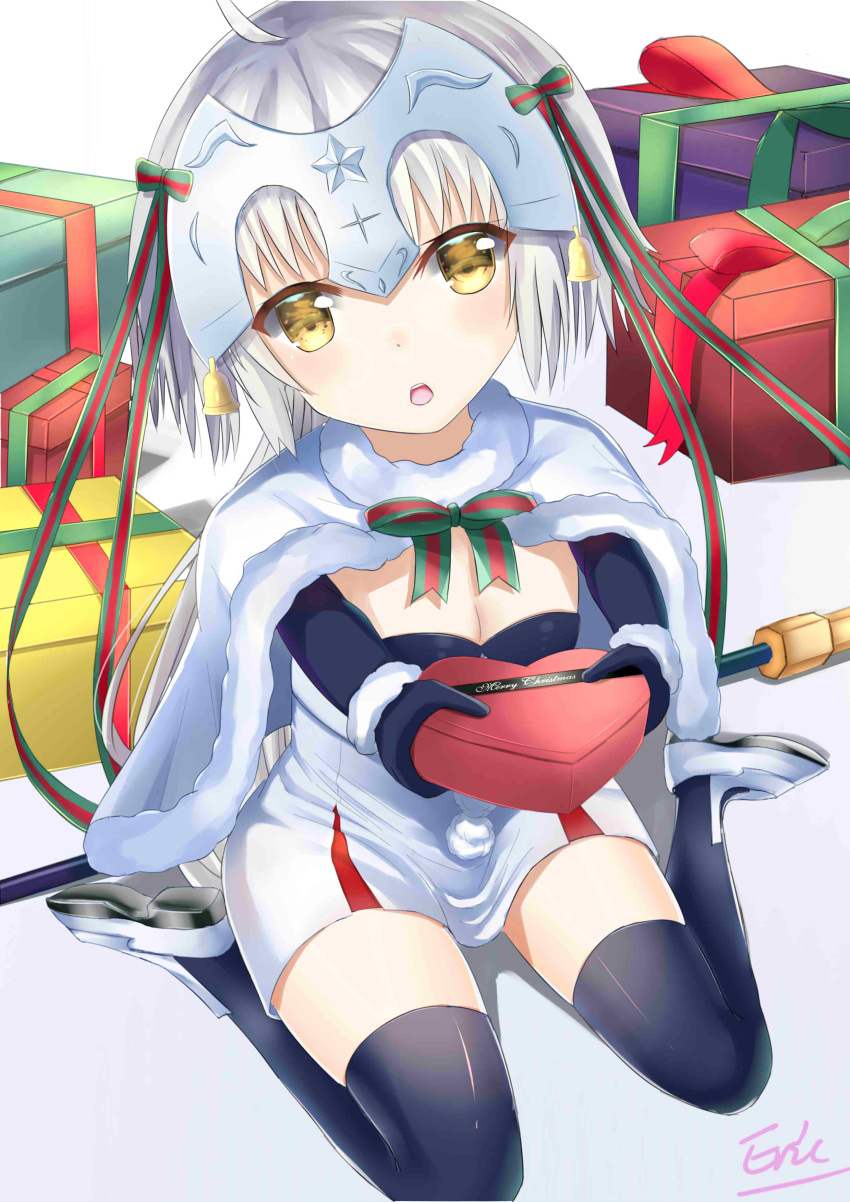 1girl absurdres black_legwear box breasts capelet cleavage eric_(pixiv9123557) fate/grand_order fate_(series) full_body fur_trim gift gift_box hair_ribbon head_tilt highres jeanne_d'arc_(fate)_(all) jeanne_d'arc_alter_santa_lily long_hair looking_at_viewer merry_christmas neck_ribbon open_mouth ponytail ribbon shiny shiny_clothes signature silver_hair sitting small_breasts solo striped striped_ribbon thigh-highs wariza white_background yellow_eyes zettai_ryouiki