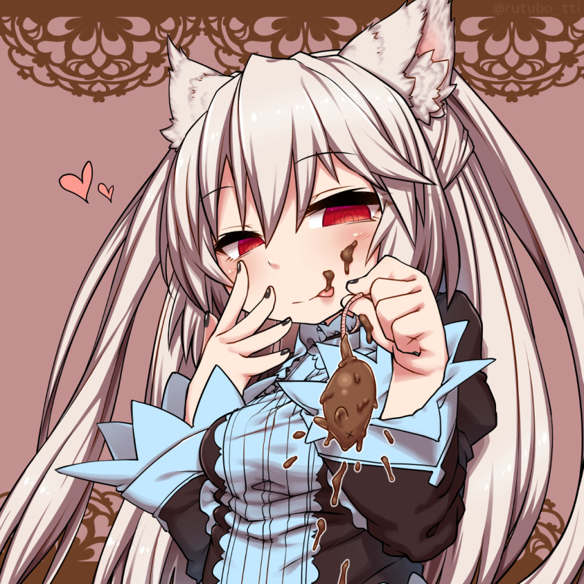 1girl animal_ears cat_ears chocolate eyebrows_visible_through_hair hair_between_eyes long_hair mouse nora_cat nora_cat_channel red_eyes rutsubo silver_hair smile solo two_side_up virtual_youtuber