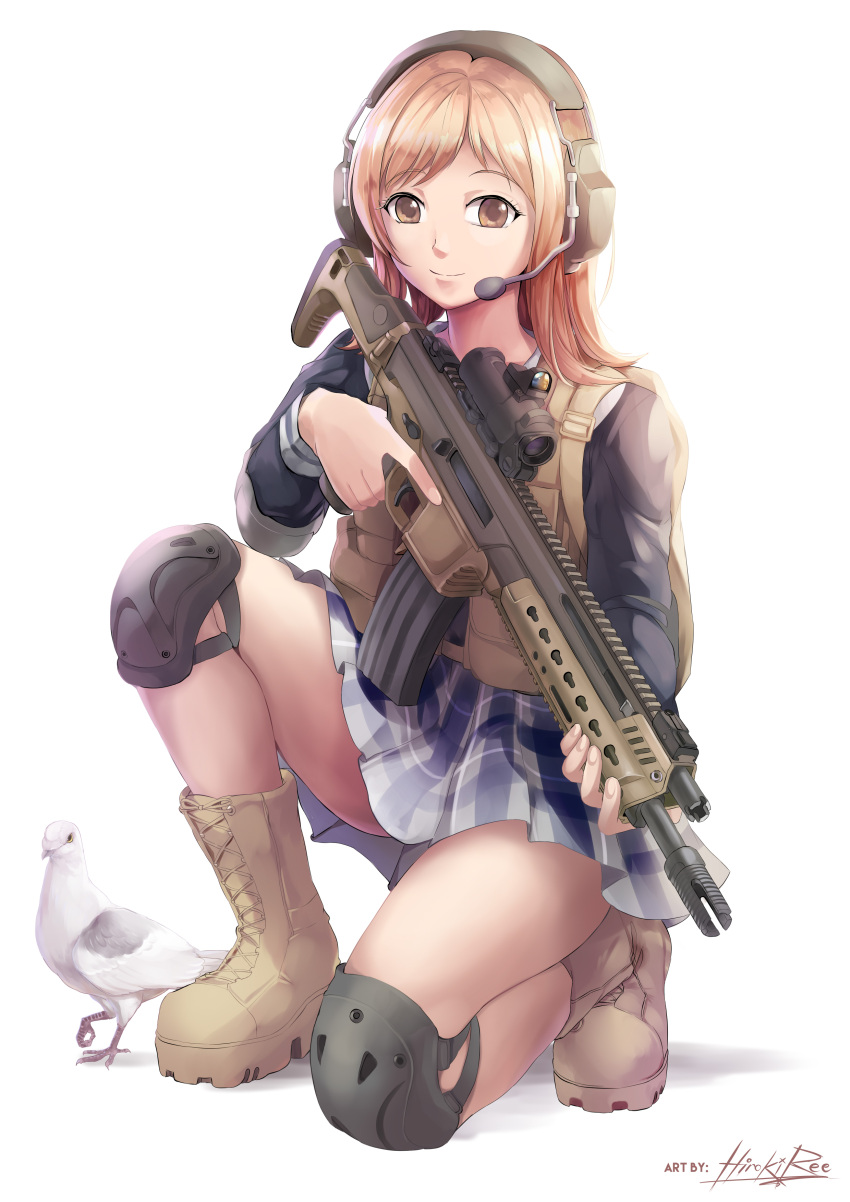 absurdres assault_rifle gun headphones headset heckler_&amp;_koch highres hiroki_ree idolmaster_shiny_colors knee_pads load_bearing_vest rifle sakuragi_mano trigger_discipline weapon