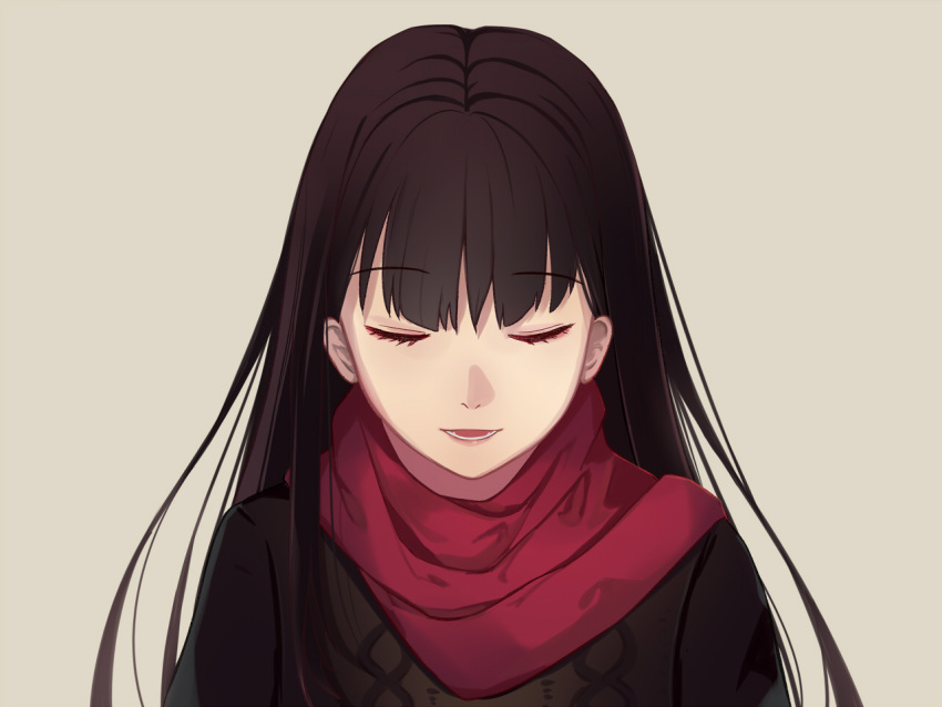 1girl :d beige_background black_hair black_sweater closed_eyes eyebrows_visible_through_hair facing_viewer itachi_kanade long_hair open_mouth original red_scarf scarf simple_background smile solo straight_hair sweater teeth upper_body