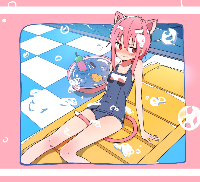 1girl animal_ears arm_support between_legs blush cat_ears cat_tail eyebrows_visible_through_hair highres inflatable_raft inset looking_to_the_side luke_(dydansgur) nose_blush original out_of_frame pink_hair red_eyes rubber_duck school_swimsuit shampoo short_hair short_hair_with_long_locks sidelocks sitting soap_bubbles solo swimsuit tail tail_between_legs washtub