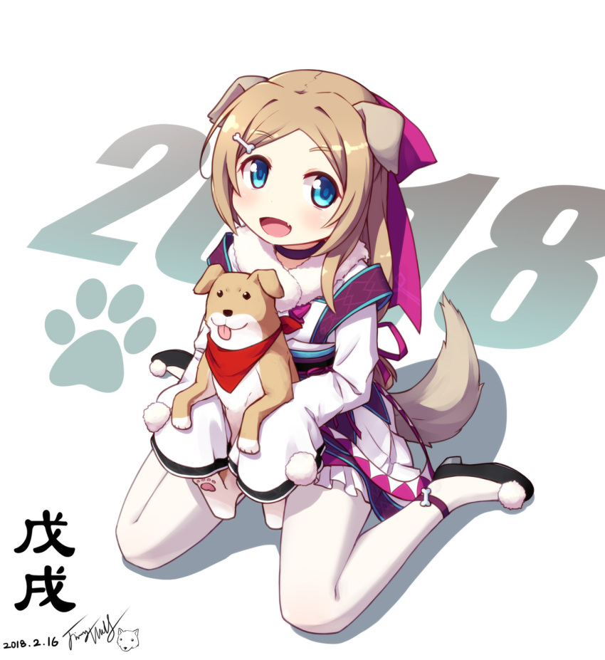 1girl 2018 :d animal animal_ears bandanna bangs black_footwear blue_eyes blush bone_hair_ornament chinese_new_year commentary_request dated dog dog_ears dog_girl dog_tail eyebrows_visible_through_hair fang fur_collar hair_ribbon highres holding holding_animal holding_dog japanese_clothes kimono langbazi light_brown_hair long_hair long_sleeves looking_at_viewer new_year open_mouth original pantyhose parted_bangs purple_ribbon red_bandana ribbon signature sitting sleeves_past_fingers sleeves_past_wrists smile solo tail tongue tongue_out translated very_long_hair wariza white_background white_kimono white_legwear