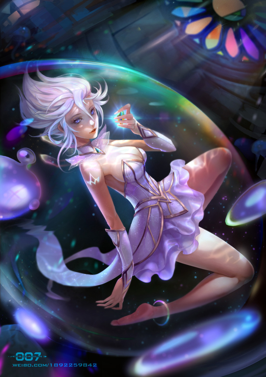 1girl anklet blue_eyes bracer breasts cleavage detached_collar detached_sleeves dress elementalist_lux highres jewelry kusanagi_lin large_breasts league_of_legends light_elementalist_lux luxanna_crownguard sideboob strapless strapless_dress tagme white_hair