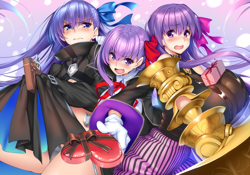 3girls bb_(fate/extra_ccc) blue_eyes blush box breasts chocolate chocolate_heart coat fate/extra fate/extra_ccc fate/grand_order fate_(series) gift gift_box gloves hair_ribbon heart heart-shaped_pupils large_breasts long_hair meltlilith multiple_girls open_mouth passion_lip piromizu purple_hair ribbon sleeves_past_wrists sweatdrop symbol-shaped_pupils tears valentine violet_eyes white_gloves