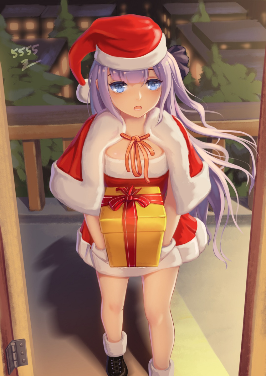 1girl 5555_96 artist_name azur_lane blue_eyes box cape christmas fur-trimmed_cape fur_trim gift gift_box hat highres long_hair purple_hair santa_hat solo unicorn_(azur_lane)