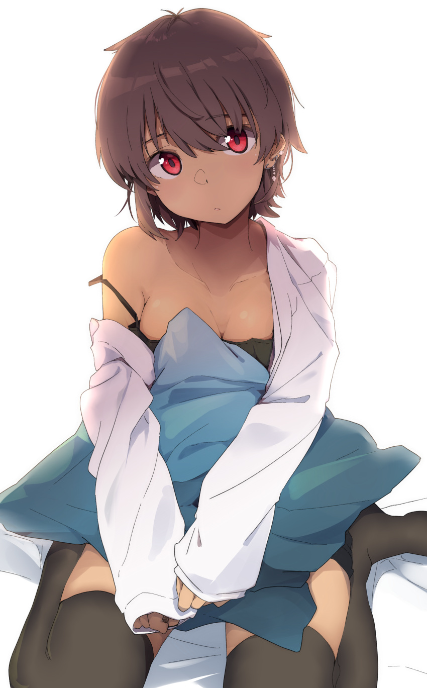 1girl absurdres bangs black_legwear blush breasts brown_hair camisole closed_mouth collarbone eyebrows_visible_through_hair highres kazenoko looking_at_viewer medium_breasts off-shoulder_shirt off_shoulder original pillow red_eyes shirt short_hair simple_background sleeves_past_wrists solo strap_slip tan thigh-highs white_background