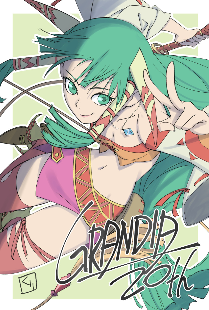 1girl anniversary breasts cleavage closed_mouth copyright_name detached_sleeves feena_(grandia) grandia grandia_i green_eyes green_hair hair_tubes highres jewelry long_hair looking_at_viewer midriff miniskirt navel necklace purple_skirt red_legwear skirt smile solo sones thigh-highs v whip zettai_ryouiki
