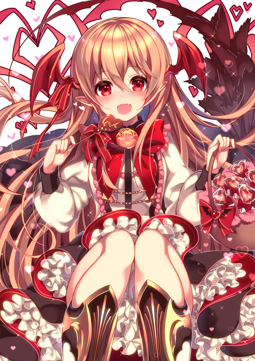 1girl :d basket blonde_hair blush boots chocolate chocolate_heart eyebrows_visible_through_hair fangs granblue_fantasy hair_between_eyes head_tilt head_wings heart heart_in_eye highres holding homaderi long_hair looking_at_viewer open_mouth petticoat pointy_ears red_eyes shirt sitting skirt smile sparkle valentine vampy very_long_hair white_background white_shirt