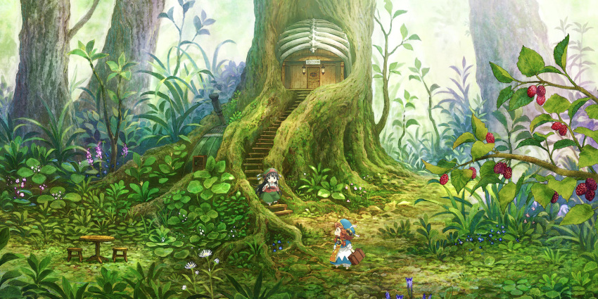2girls black_hair braid brown_hair chair day dress flower food forest fruit green hakumei_(hakumei_to_mikochi) hakumei_to_mikochi hat highres house long_hair looking_at_another mikochi_(hakumei_to_mikochi) minigirl multiple_girls nature official_art open_mouth outdoors plant raspberry ribs scenery short_hair smile stairs standing suitcase table tree treehouse