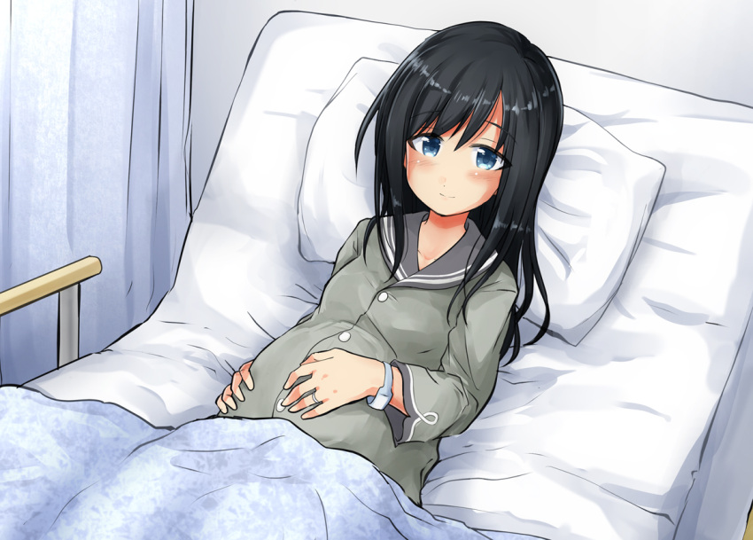 1girl asashio_(kantai_collection) bangs bed black_hair black_sailor_collar blanket blue_eyes blush closed_mouth curtains eyebrows_visible_through_hair grey_shirt habara_meguru hands_on_own_stomach hospital_bed jewelry kantai_collection long_hair long_sleeves looking_at_viewer on_bed pillow pregnant ring sailor_collar shirt smile solo under_covers wedding_band