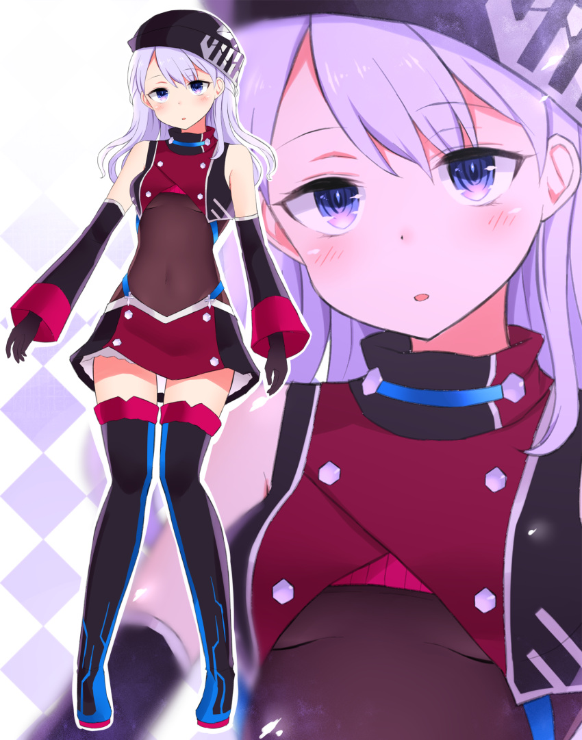1girl boots commentary_request covered_navel detached_sleeves dress gloves hat highres lavender_hair long_hair neit_ni_sei open_mouth original solo thigh-highs thigh_boots violet_eyes virtual_youtuber wide_sleeves zettai_ryouiki zoom_layer