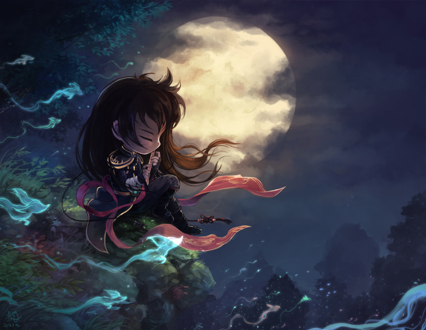 1boy closed_eyes commentary_request cporing dated fantasy flute grass highres instrument leaf maplestory moon night night_sky shade_(maplestory) sky tree