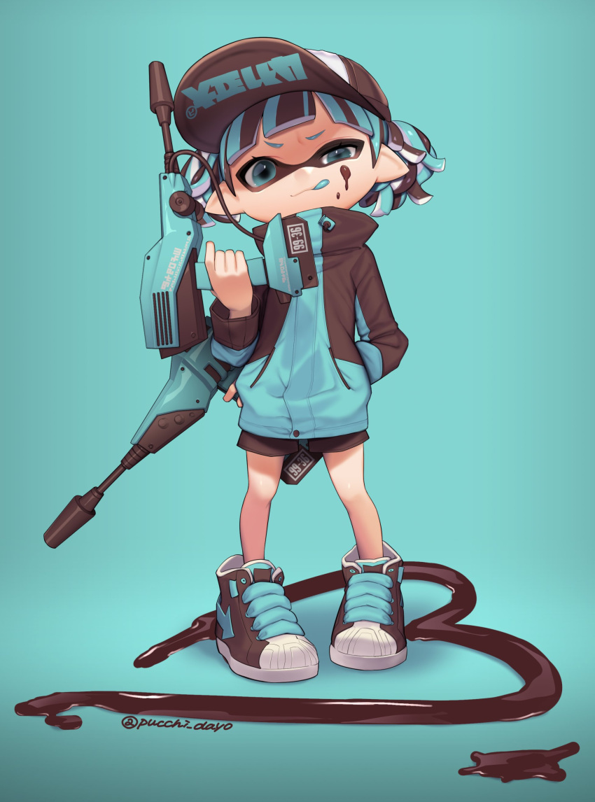 absurdres aqua_eyes hat highres inkling jacket nintendo puchiman shoes splatoon splatoon_2 squid tongue tongue_out