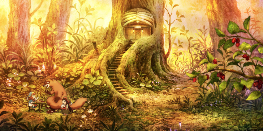 2girls black_hair braid brown_hair chair flower food forest fruit hakumei_(hakumei_to_mikochi) hakumei_to_mikochi hat highres house iwashi_(hakumei_to_mikochi) long_hair mikochi_(hakumei_to_mikochi) multiple_girls nature official_art raspberry ribs scenery short_hair sunset table tree weasel