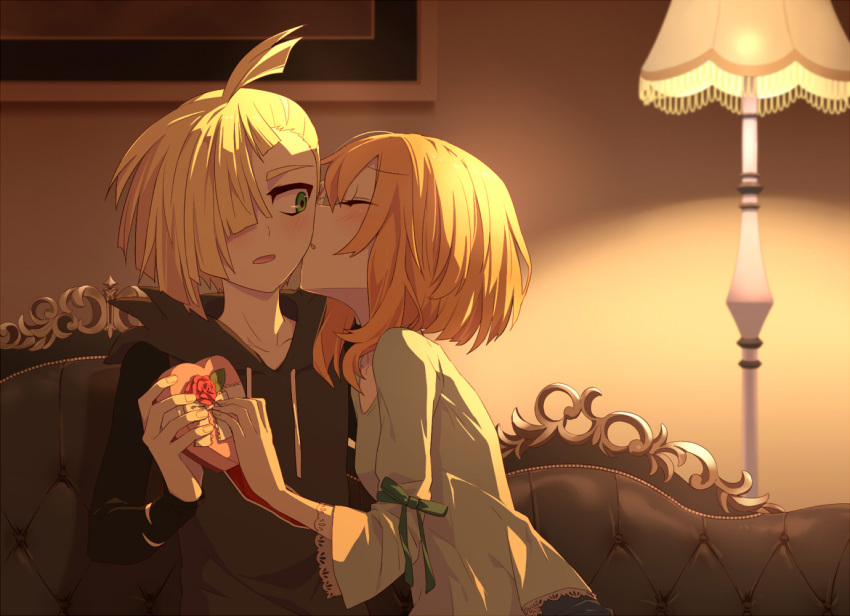 1boy 1girl alternate_hair_color assertive blonde_hair blouse blurry blush bow box casual cheek_kiss closed_eyes couch couple depth_of_field full_body gift gift_box gladio_(pokemon) green_bow hair_over_one_eye heart hetero hood hoodie indoors kiss lamp light_brown_hair long_sleeves mizuki_(pokemon_sm) on_couch open_mouth pokemon pokemon_(game) pokemon_sm rupinesu short_hair smile surprised valentine wide_sleeves