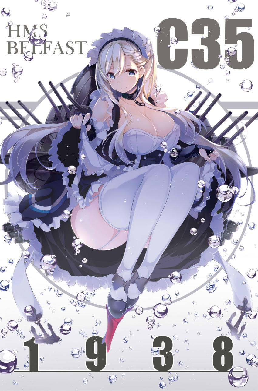 1938 1girl absurdres air_bubble azur_lane belfast_(azur_lane) black_gloves blonde_hair blue_eyes breasts bubble chains character_name cleavage closed_mouth collar collarbone dress dress_lift fingerless_gloves garter_straps gloves highres kurokawa_izumi large_breasts long_hair looking_at_viewer machinery maid_headdress number revision shoes sitting smile solo thigh-highs very_long_hair white_background white_legwear
