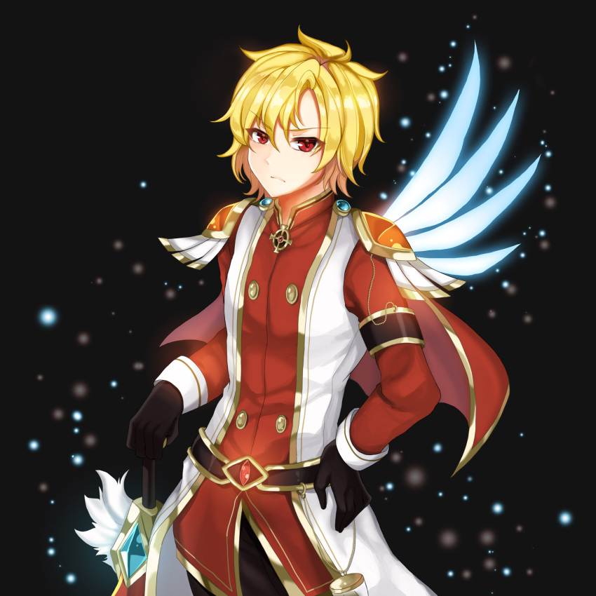 1boy absurdres alpha_(maplestory) black_pants capelet gloves hamericano highres maplestory pants red_capelet red_eyes shirt short_hair solo sword weapon