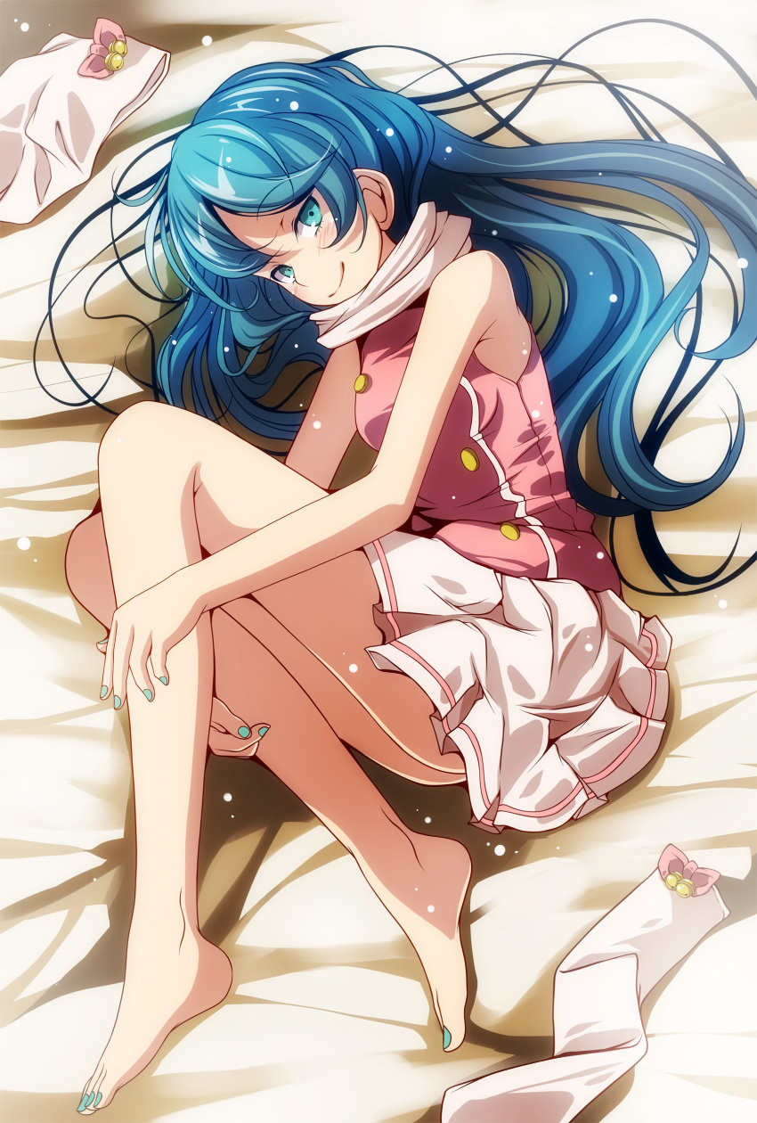 1girl absurdres bare_arms bare_legs bare_shoulders barefoot bed_sheet bell blue_eyes blue_hair blue_nails blush bow closed_mouth double-breasted eyebrows_visible_through_hair full_body hatsune_miku highres jingle_bell light_particles long_hair looking_at_viewer lying medium_skirt nail_polish on_side pink_bow pink_shirt pleated_skirt project_diva_(series) scarf shiny shiny_hair shirt skirt sleeveless sleeveless_shirt smile smirk solo thighhighs_removed toenail_polish tsukishiro_saika very_long_hair vocaloid white_legwear white_scarf white_skirt