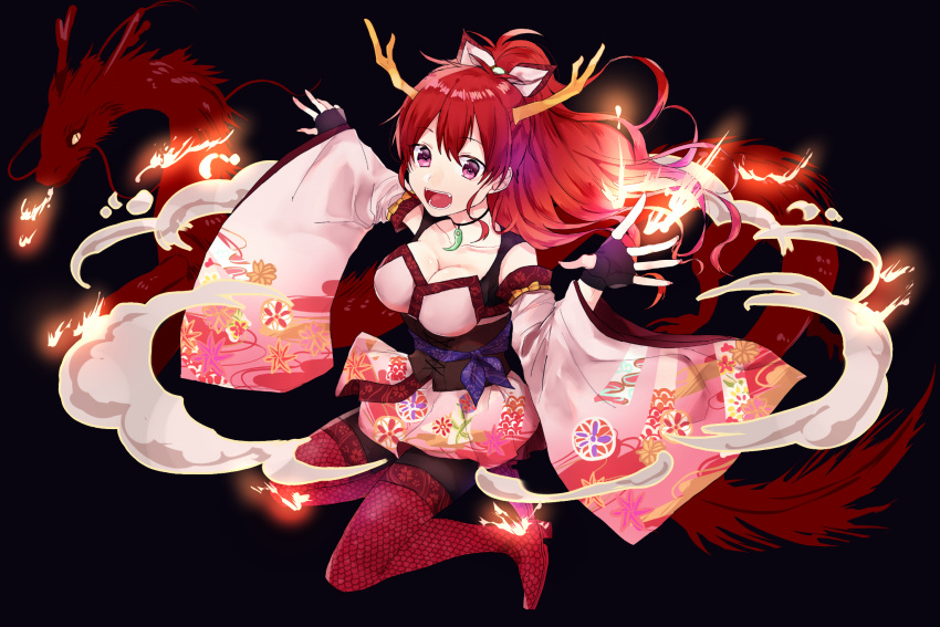 1girl :d black_background black_legwear boots bow breasts cleavage detached_sleeves dragon dragon_egg fangs fingerless_gloves full_body gloves hair_bow hand_up highres horns japanese_clothes jewelry knee_boots long_hair looking_at_viewer medium_breasts necklace open_mouth paruo_hruoka ponytail red_legwear redhead smile violet_eyes wide_sleeves