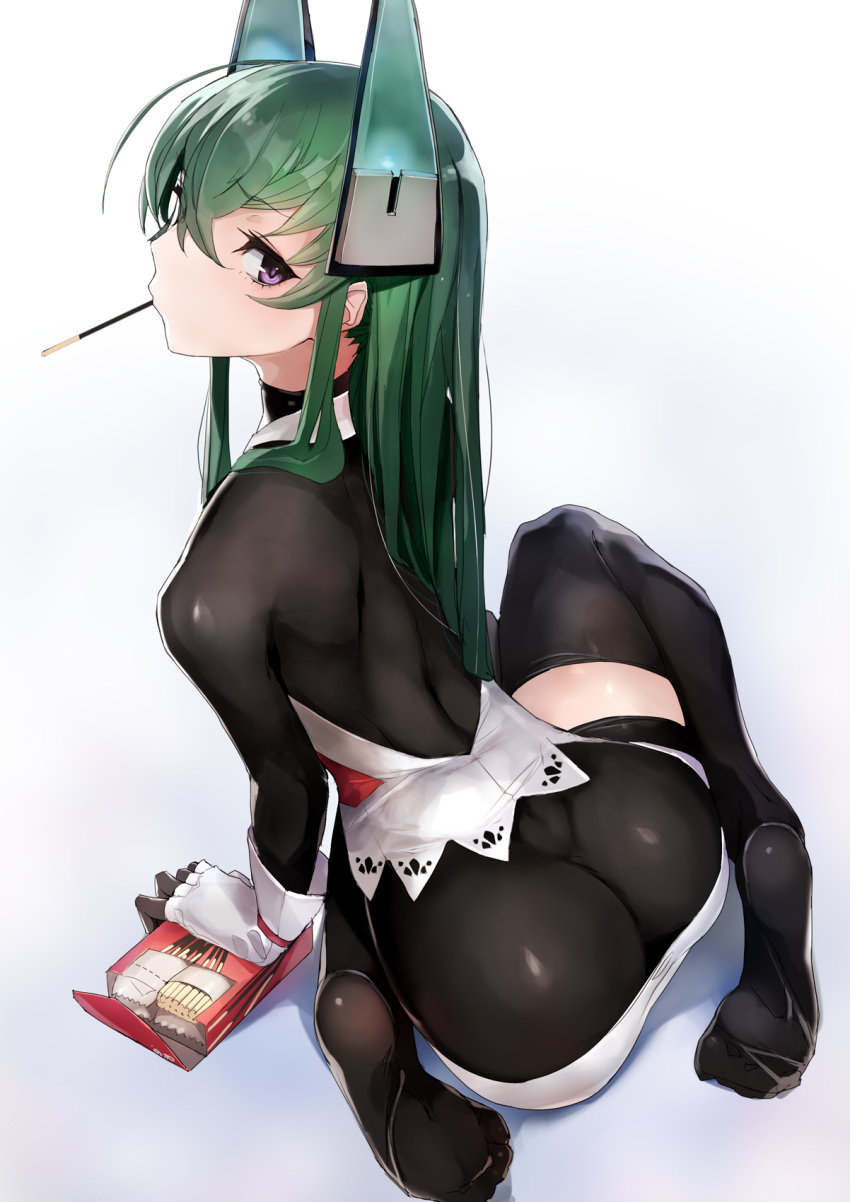 1girl arched_back ass black_legwear bodysuit borrowed_character fingerless_gloves from_above from_behind gloves green_hair headgear highres kneeling long_hair looking_at_viewer looking_back looking_up menou_kaname mouth_hold original shorts simple_background solo taishi_(picchiridou) thigh-highs violet_eyes