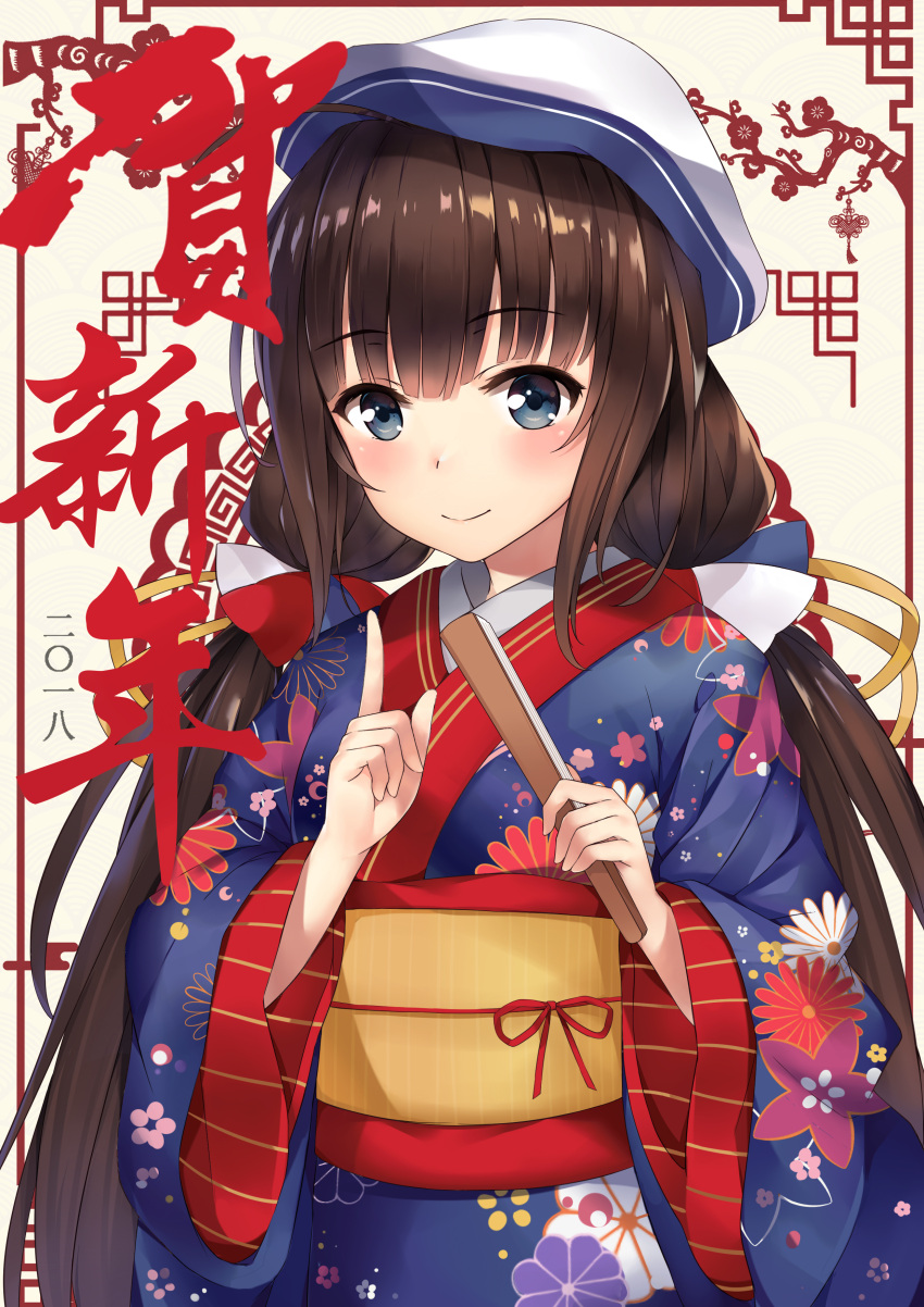 1girl absurdres ahoge alternate_costume beret blue_eyes blue_kimono blush brown_hair closed_fan closed_mouth commentary_request fan floral_print folding_fan hat highres hinatsuru_ai holding holding_fan index_finger_raised japanese_clothes kimono long_hair long_sleeves low_twintails obi print_kimono ryuuou_no_oshigoto! sash smile solo translated twintails very_long_hair white_hat wide_sleeves yukinoshita_(shaonjishi)