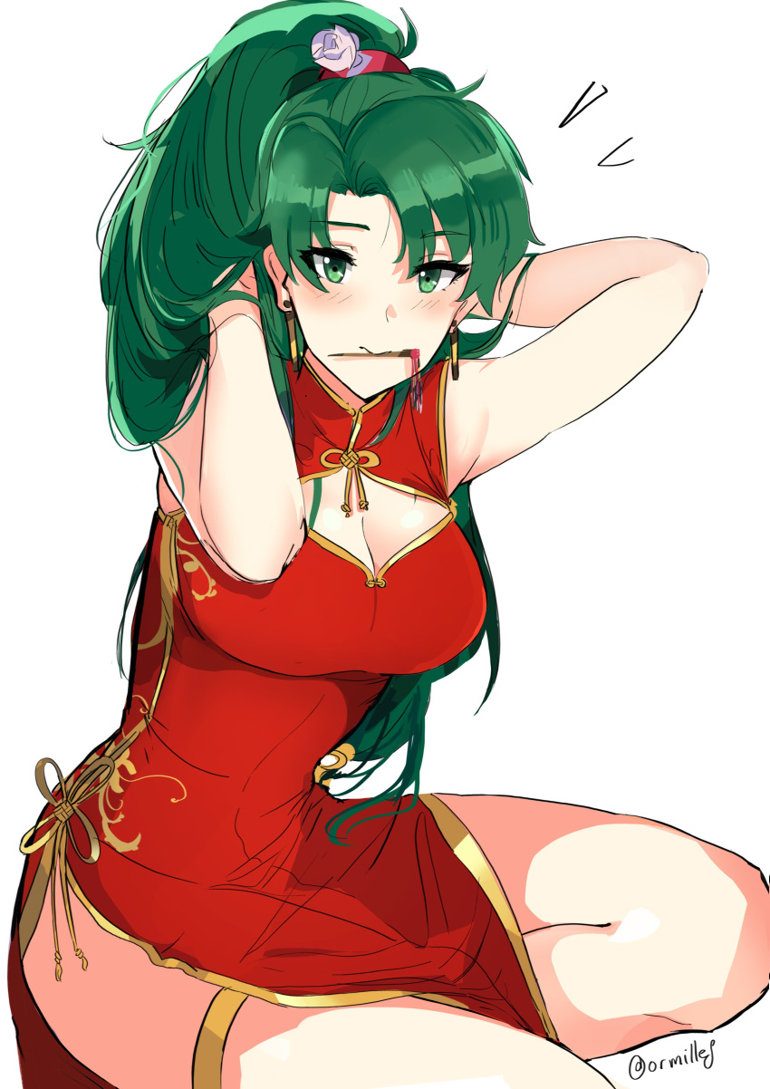 1girl absurdres bare_shoulders blush breasts china_dress chinese_clothes dotentity dress fire_emblem fire_emblem:_rekka_no_ken green_eyes green_hair high_ponytail highres large_breasts long_hair looking_at_viewer lyndis_(fire_emblem) pelvic_curtain ponytail side_slit simple_background smile solo very_long_hair white_background