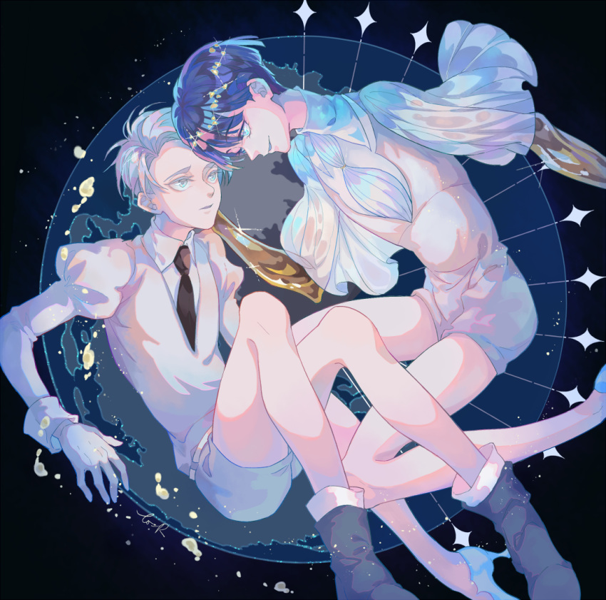 androgynous bangs blue_eyes blue_hair blunt_bangs boots cairngorm_(houseki_no_kuni) gem_uniform_(houseki_no_kuni) gloves golden_arms grey_eyes hand_on_another's_cheek hand_on_another's_face heterochromia houseki_no_kuni looking_at_another necktie phosphophyllite phosphophyllite_(ll) short_hair shorts silver_hair smile spoilers white_eyes white_hair