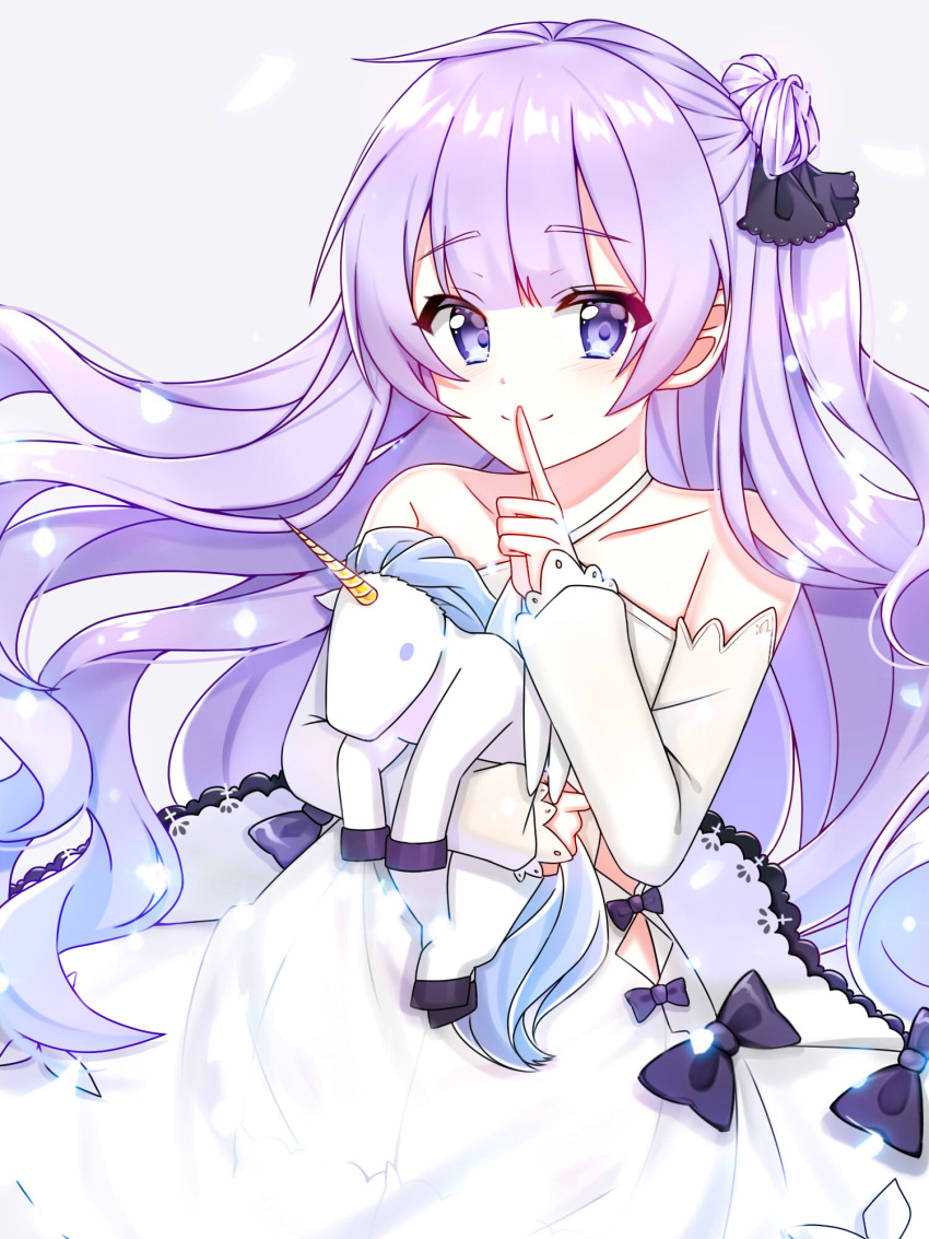 1girl azur_lane black_bow black_ribbon bow carrying closed_mouth detached_sleeves dress eyebrows_visible_through_hair finger_to_mouth grey_background hair_bun hair_ribbon highres index_finger_raised long_hair looking_at_viewer mamel_27 purple_hair ribbon smile solo stuffed_unicorn unicorn_(azur_lane) violet_eyes white_dress