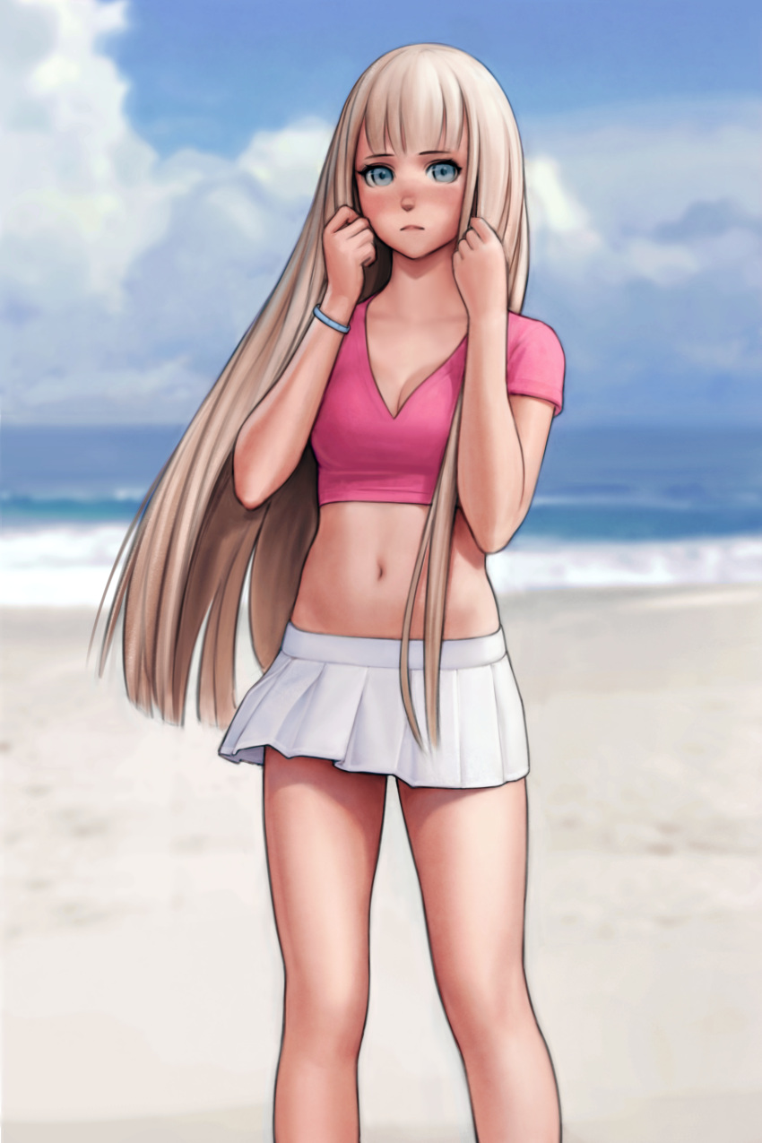 1girl absurdres bangs beach blue_eyes borrowed_character breasts cleavage clouds cloudy_sky commission crop_top day highres huge_filesize long_hair looking_at_viewer luimiart medium_breasts miniskirt navel ocean original platinum_blonde riyu_(tapunks) skirt sky solo standing stomach very_long_hair white_skirt