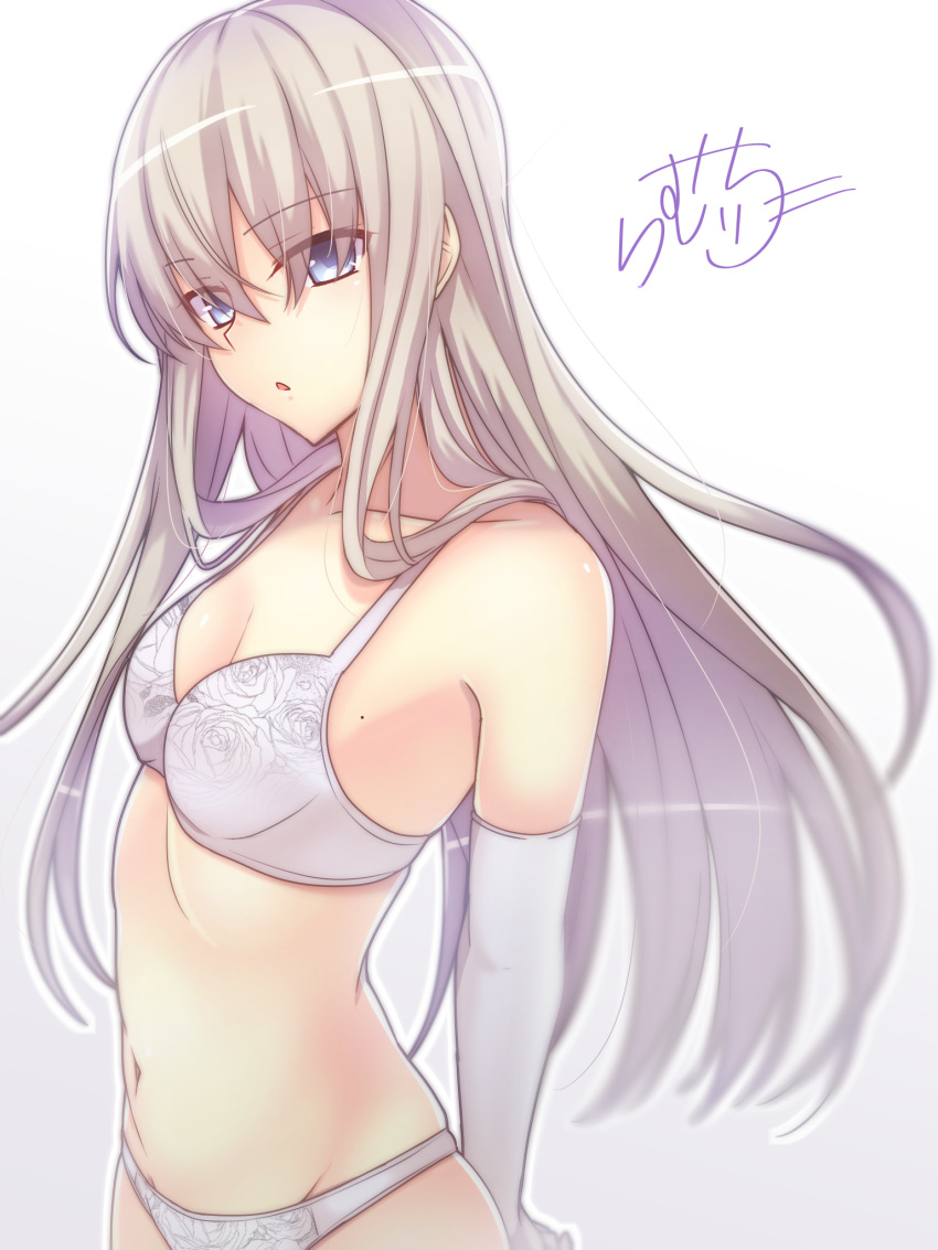 1girl bangs bare_shoulders blue_eyes bra breasts collarbone elbow_gloves eyebrows_visible_through_hair floral_print gloves highres long_hair looking_away looking_down navel original panties print_bra print_panties ramchi rose_print shiny shiny_hair signature silver_hair simple_background small_breasts solo stomach straight_hair tsurime underwear underwear_only upper_body white_background white_bra white_gloves white_panties