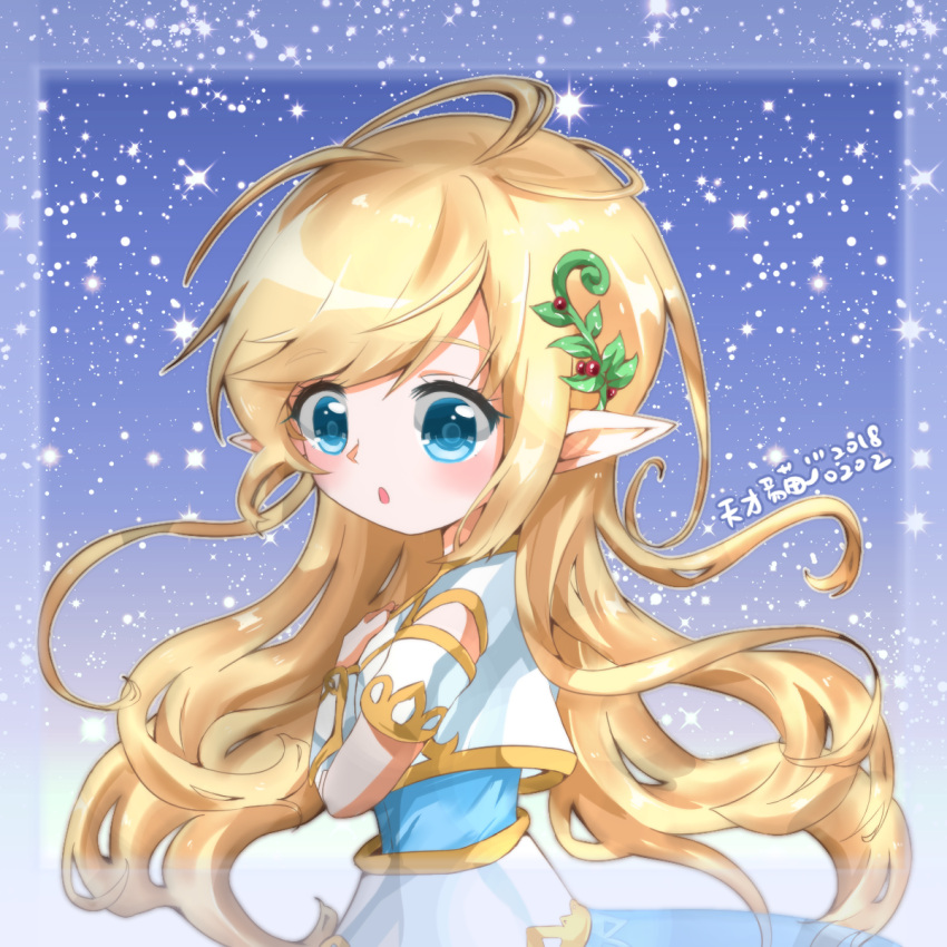 1girl artist_request blonde_hair blue_eyes elf hair_ornament highres long_hair looking_at_viewer maplestory mercedes_(maplestory) open_mouth pointy_ears solo